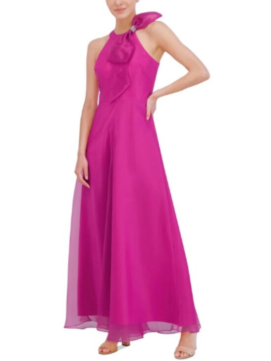 Eliza J Pants - Eliza J Pink Wide Leg Chiffon Jumpsuit with Rhinestone Bow Detail Size 8